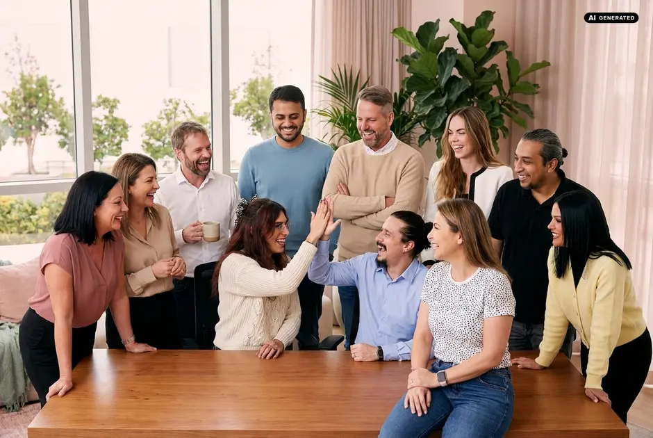 Group of diverse colleagues high-fiving around a table in an office setting.