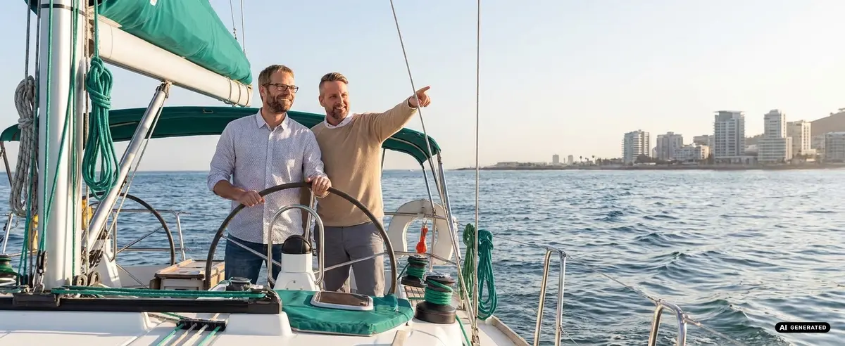 Two men sailing a boat with city in the background