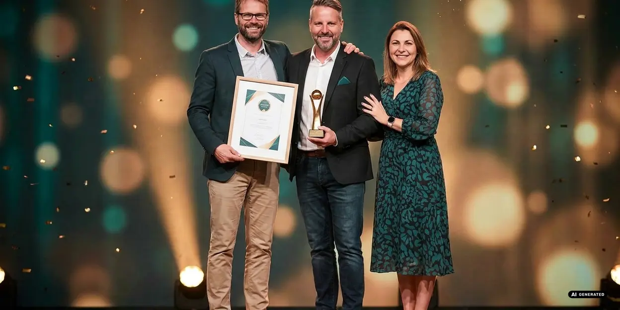 Three people celebrating with an award and certificate on stage