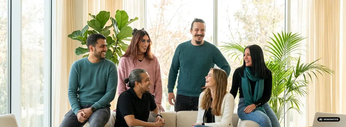 A group of people sitting and smiling in a bright office with plants