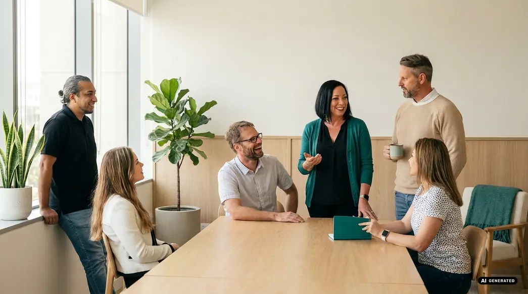 Group of colleagues having a meeting around a table with indoor plants