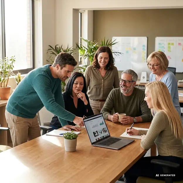 Group gathered around a laptop during a meeting
