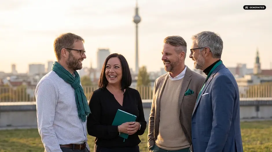 Vier Profis lachen und unterhalten sich auf einer Dachterrasse mit Stadtblick.