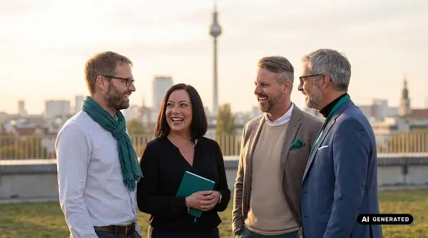 Four professionals laughing and talking on a rooftop with a city view.