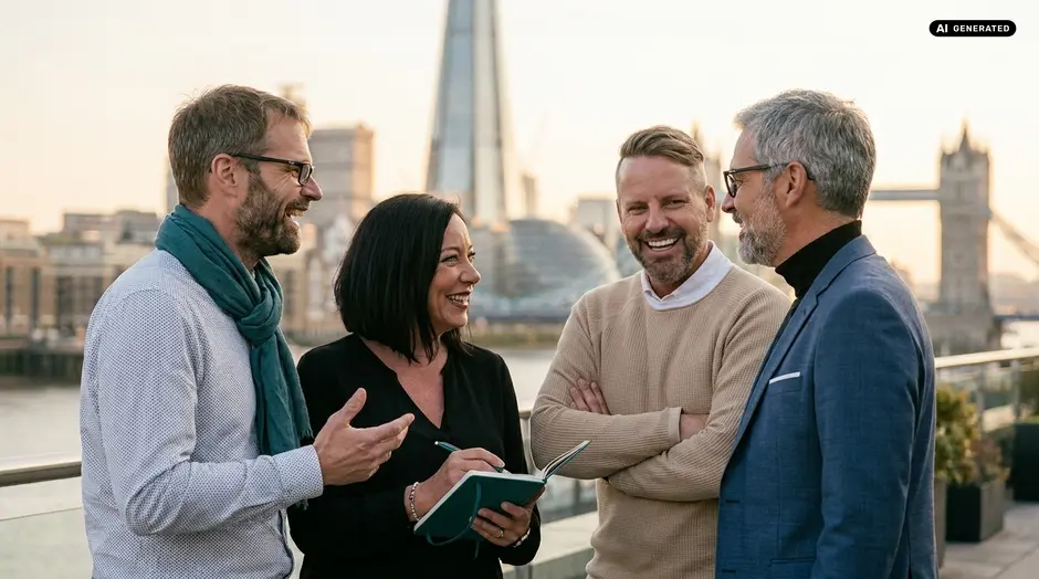 Group of four people having a discussion near the Shard and Tower Bridge