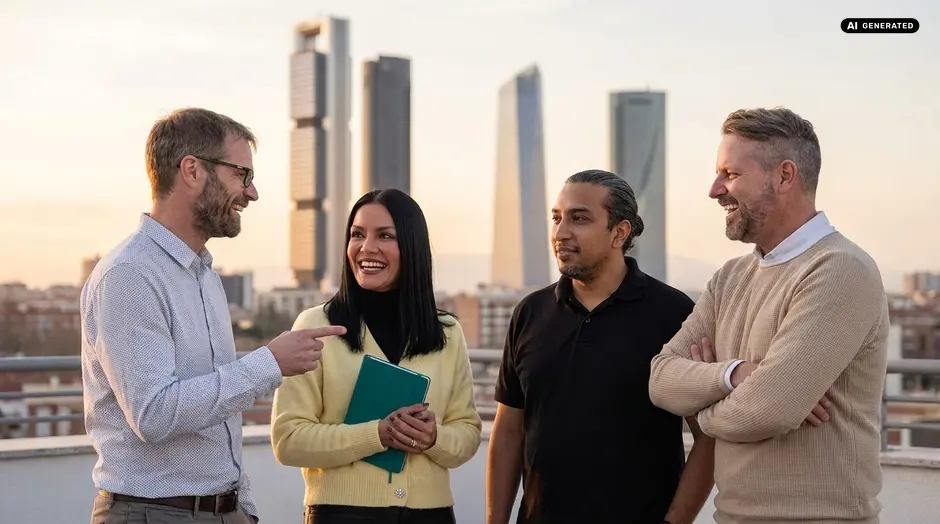 Grupo de cuatro personas hablando con un paisaje urbano de fondo