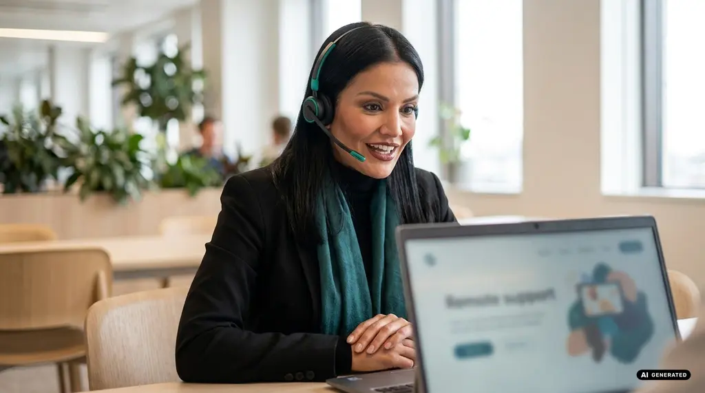 Woman with headset on a video call in a modern office
