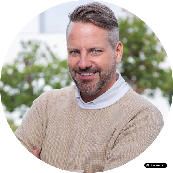 Man with a beard wearing a beige sweater, smiling outdoors