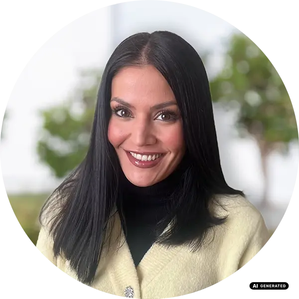 Una mujer con cabello negro largo sonriendo en un entorno exterior.