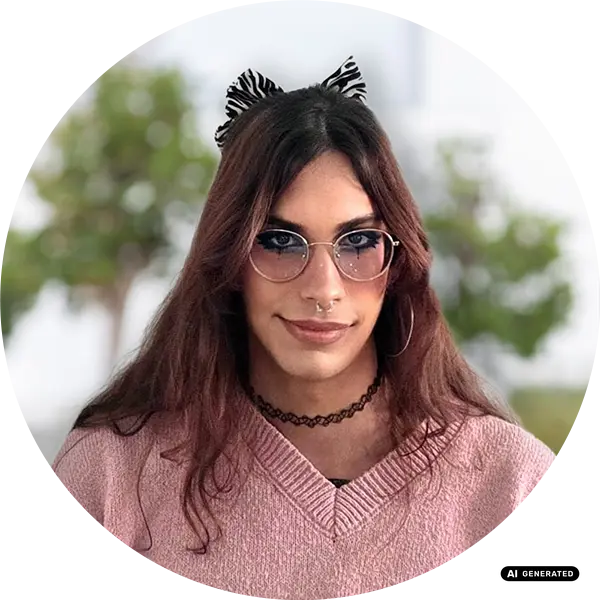 Person wearing glasses and a hair accessory, smiling outdoors