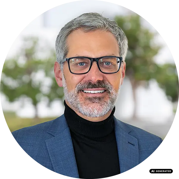 Selbstbewusster grauhaariger Mann mit Brille, der einen blauen Blazer trägt und lächelt