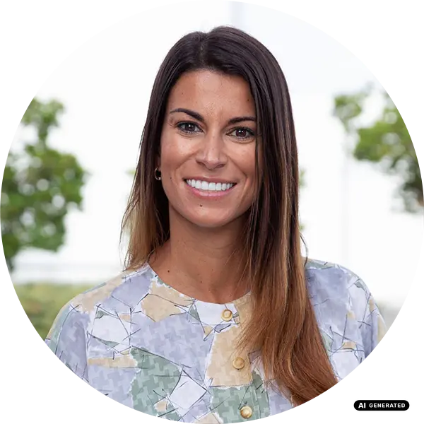 Portrait of a smiling woman with long hair and patterned top