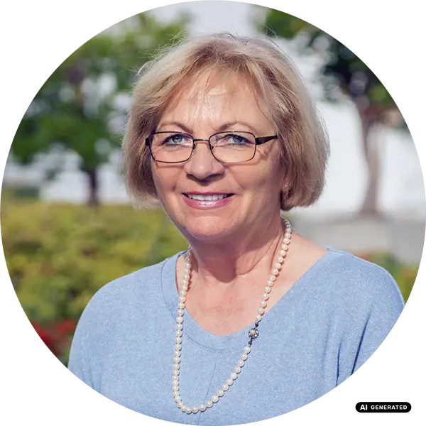 A smiling woman wearing glasses and a pearl necklace outdoors
