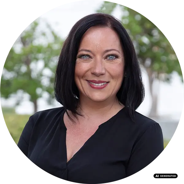 Smiling woman in black blouse with trees in background