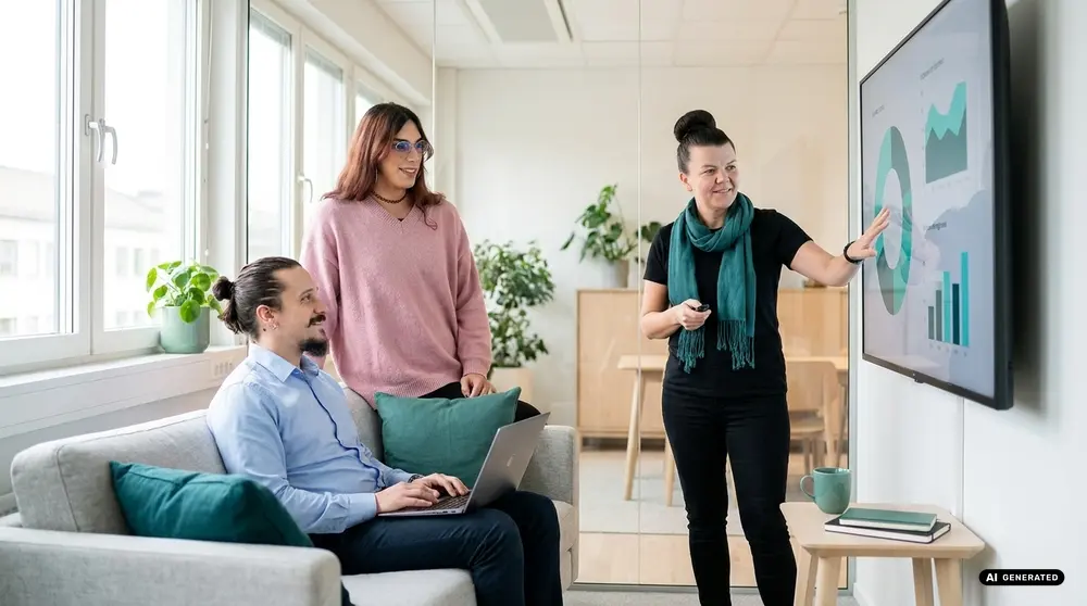 Team discussing data on screen during meeting in office space