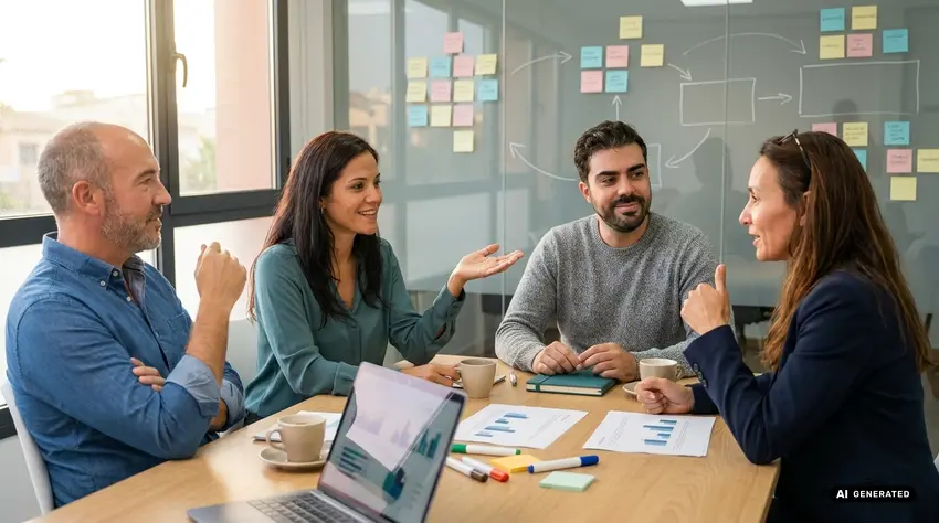 Four people engaged in a discussion around a conference table with charts and documents.