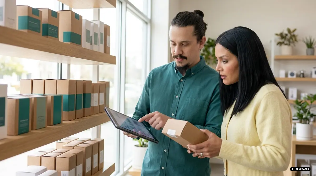 Two people managing inventory with a tablet in a store