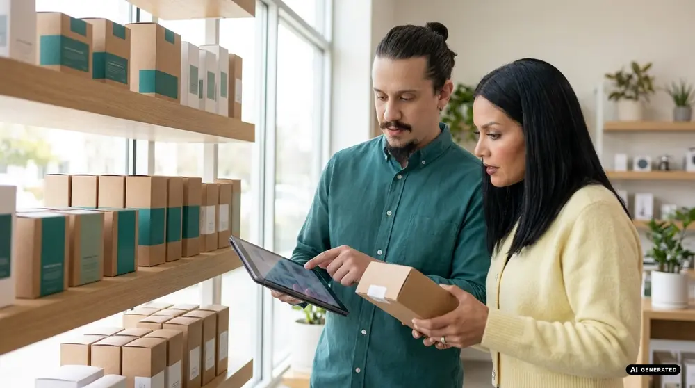 Two people managing inventory with a tablet in a store