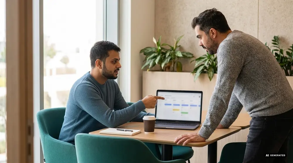 Two men discussing in an office with a laptop and coffee