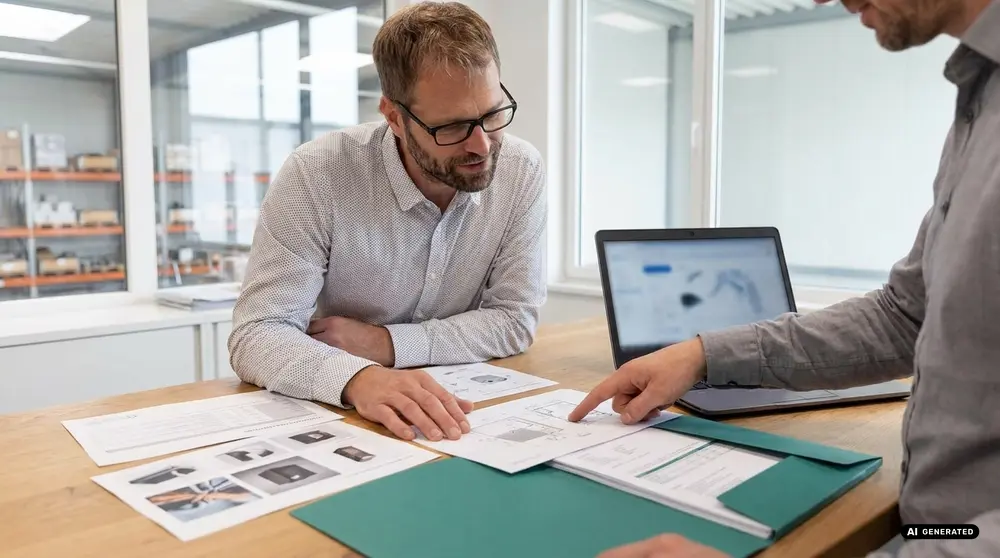 Two men discussing documents with a laptop on a desk