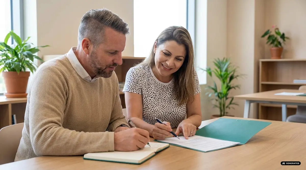 Two people working together at a desk with documents