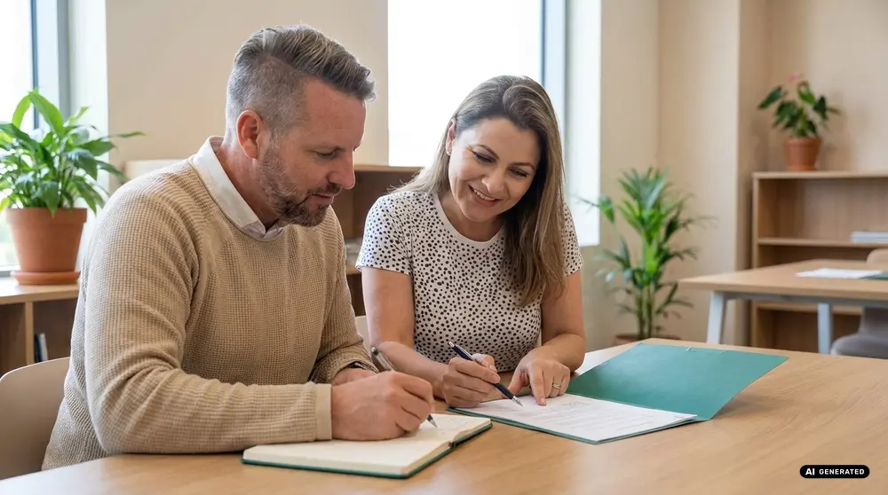 Two people working together at a desk with documents