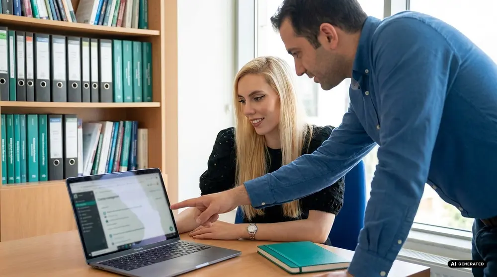 Two colleagues discussing work in office with laptop