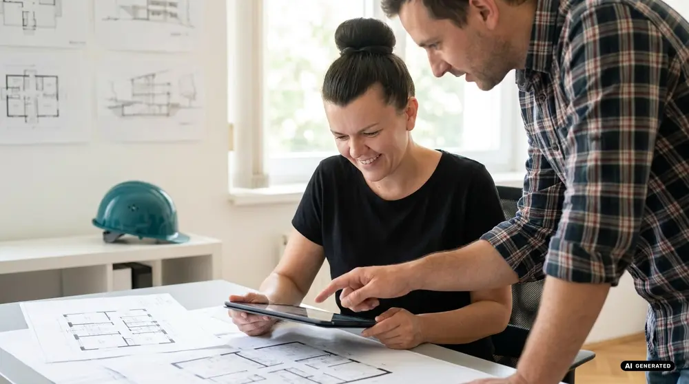 Two people collaborating with architectural plans and a tablet in an office