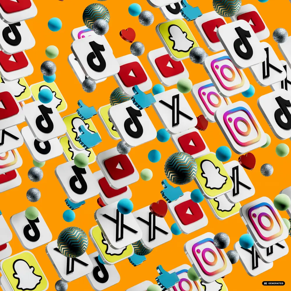 Iconos 3D coloridos de TikTok, YouTube, Instagram y Snapchat sobre fondo naranja