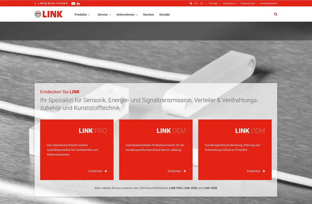 Website banner showcasing LINK's engineering products and services