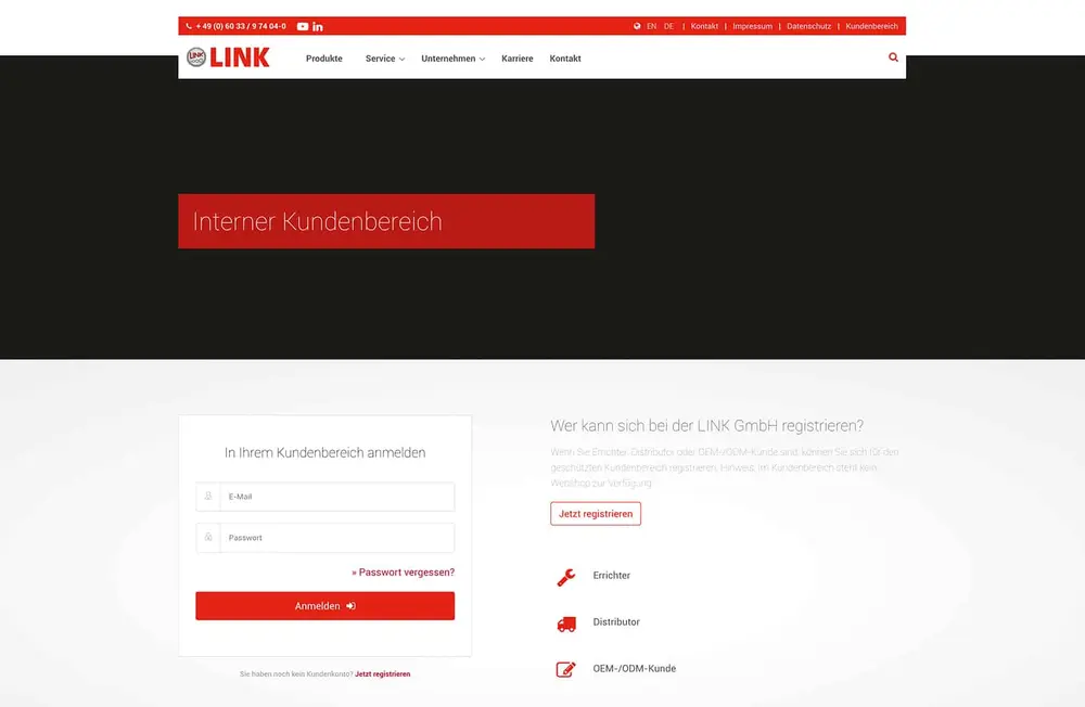 LINK customer login page with form