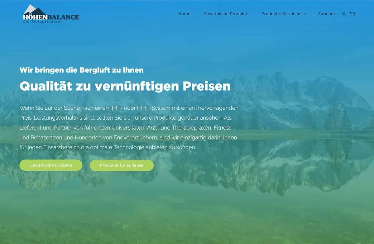 Website screenshot showing a mountain scene with quality product offer