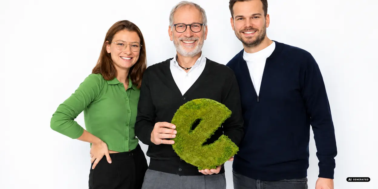 Tres personas posando con un símbolo ecológico en verde