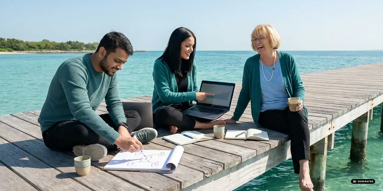 Three people working with a laptop and papers on a dock by the sea