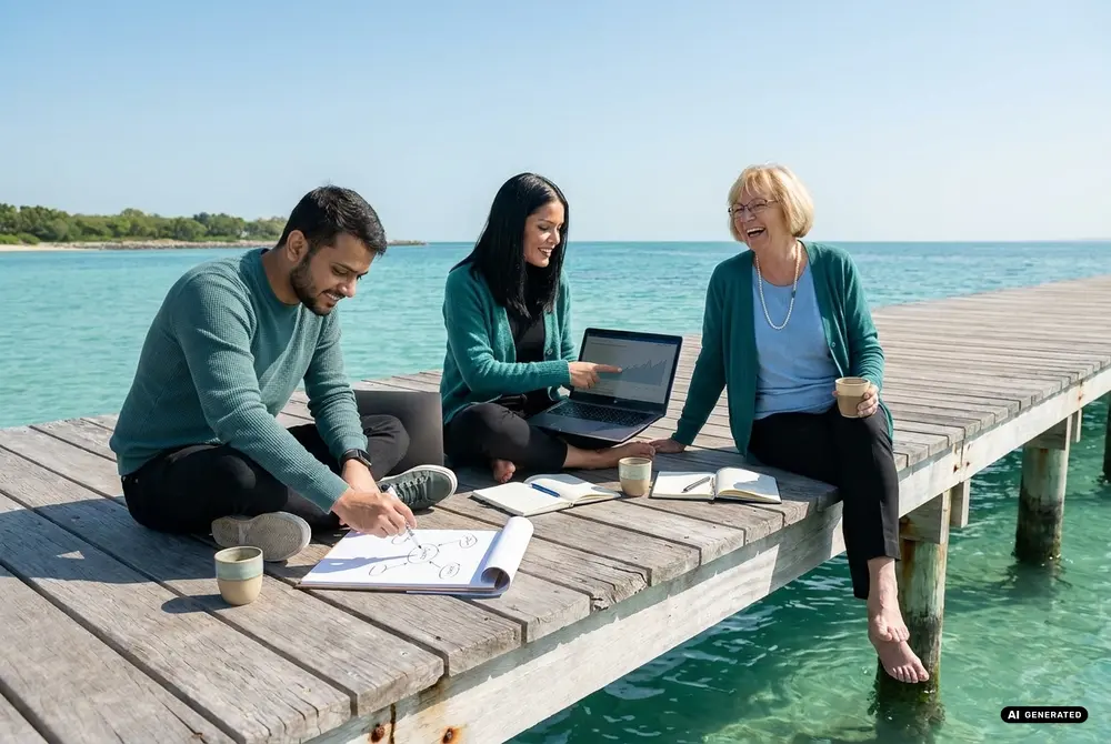Three people working with a laptop and papers on a dock by the sea