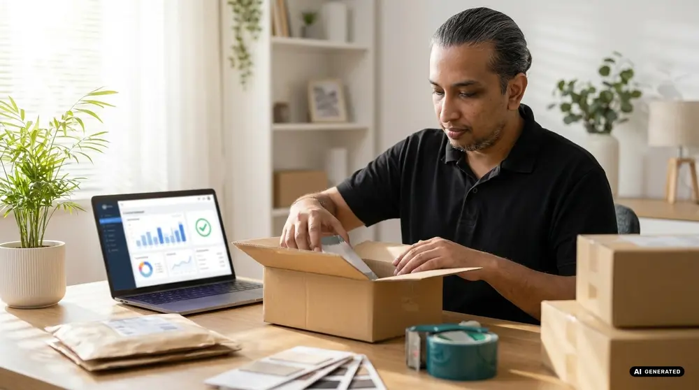Person packaging items at home with laptop showing analytics