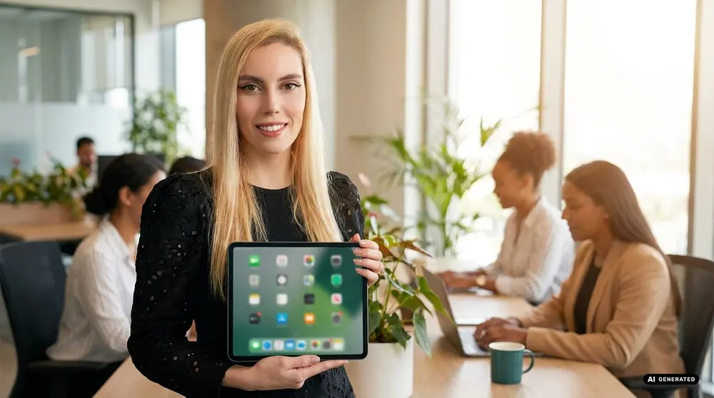 Woman holding tablet with app icons in office setting