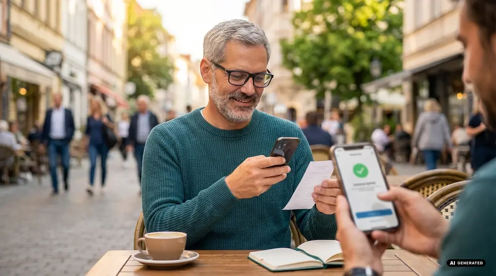 Man at cafe using smartphone for payment