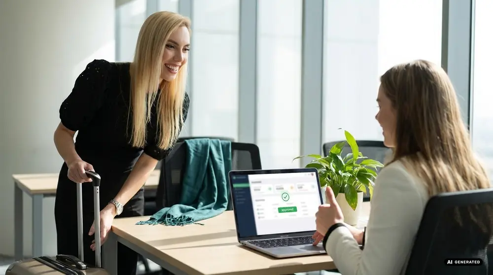 Two businesswomen having a successful meeting at a desk.
