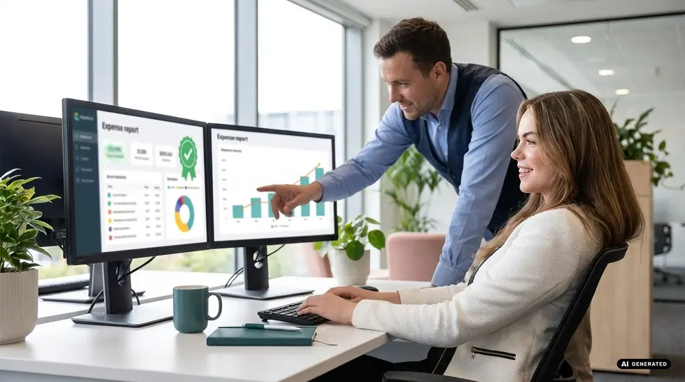 Two colleagues discussing on screen charts