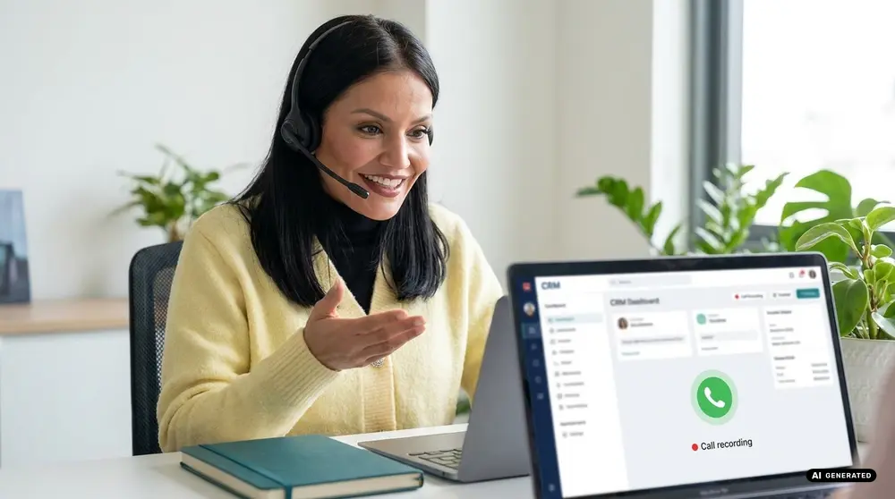 Woman with headset and laptop during a video call with CRM software
