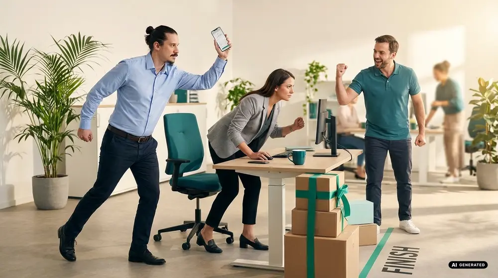 Office workers racing to the finish line with enthusiasm