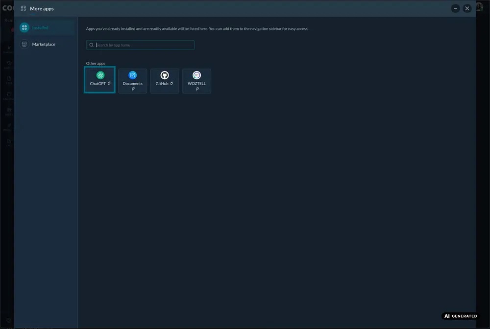 Dark interface showing installed apps: ChatGPT, Documents, GitHub, WOZELL