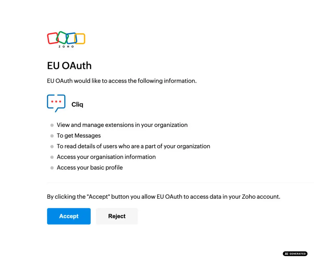 Zoho EU OAuth access request showing permissions for Cliq