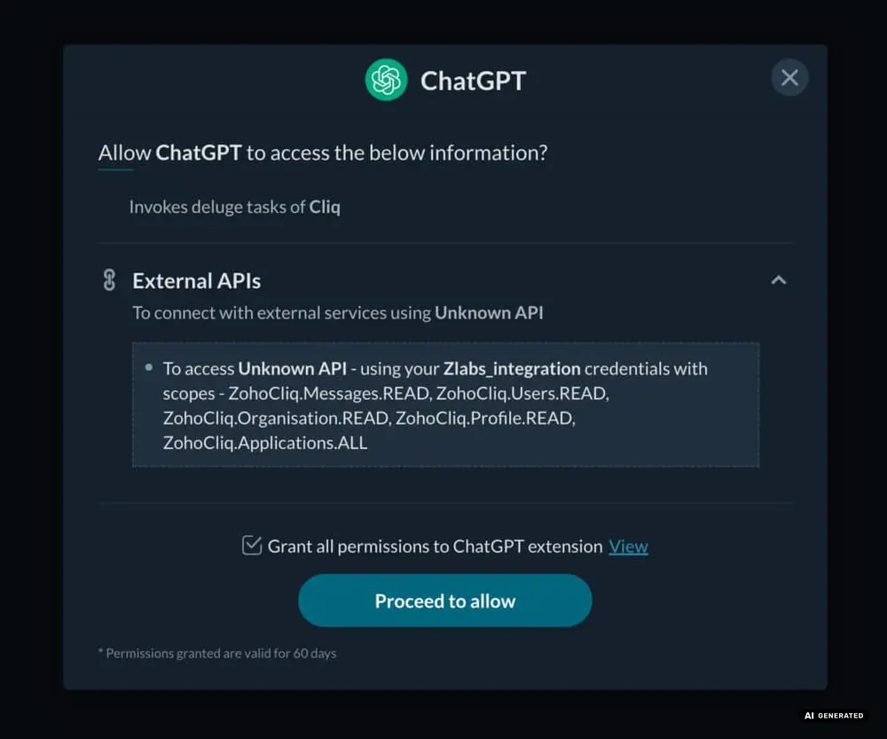 ChatGPT access permission dialog for external APIs with proceed button