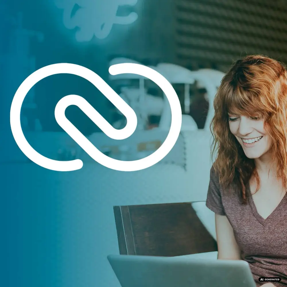 Woman smiling at laptop beside a stylized logo