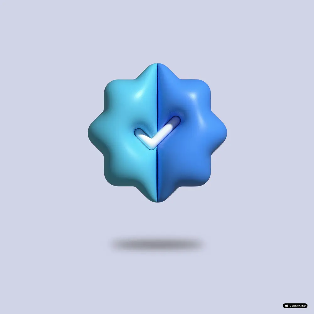 A 3D blue star emblem split with a checkmark on a light purple background.