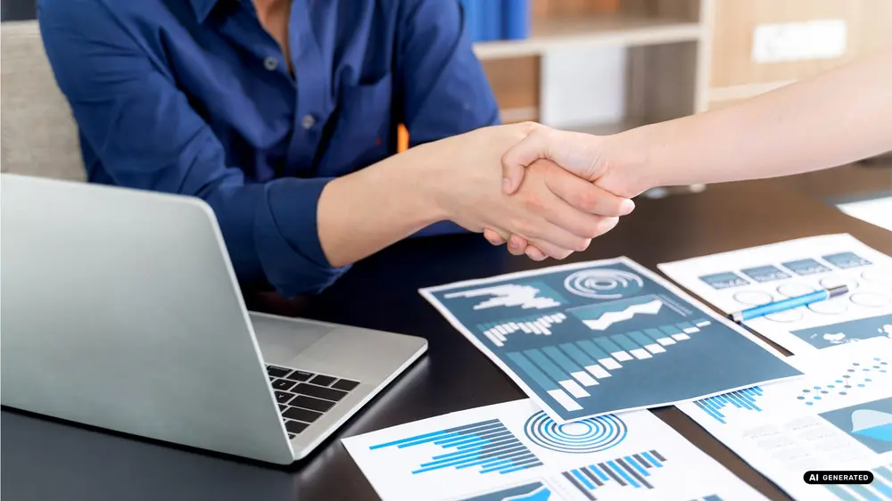 Two people shaking hands over digital charts and a laptop