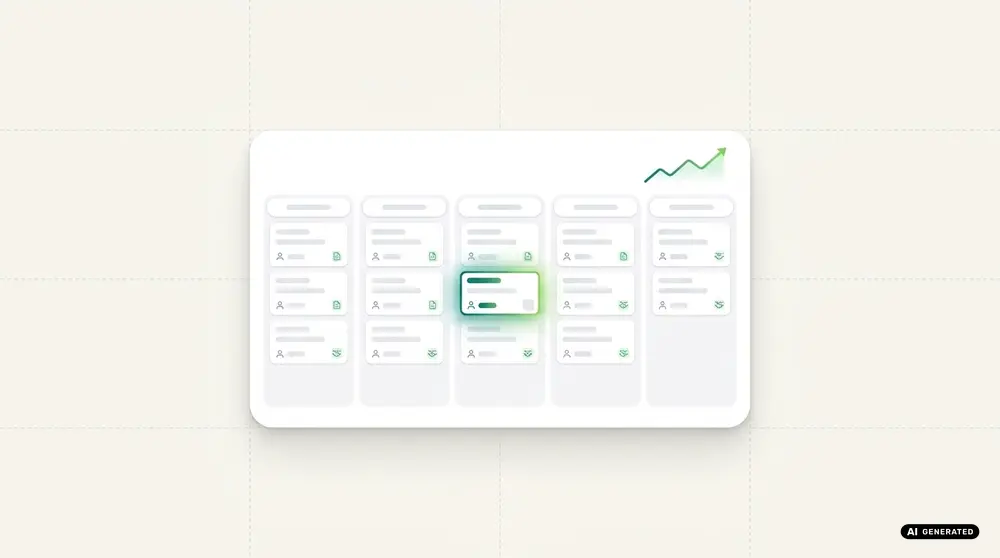 Illustration showing a task management board with columns and an upward trend line.