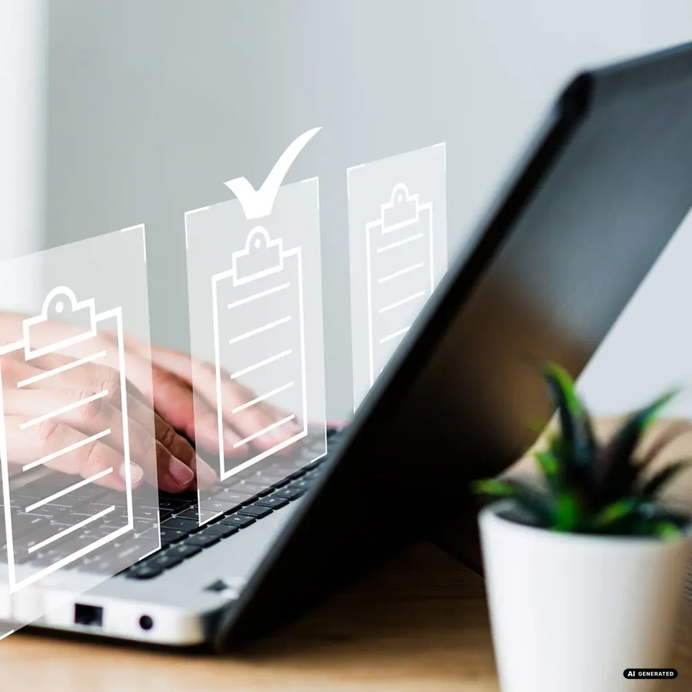 Hands typing on laptop with digital checklist overlay